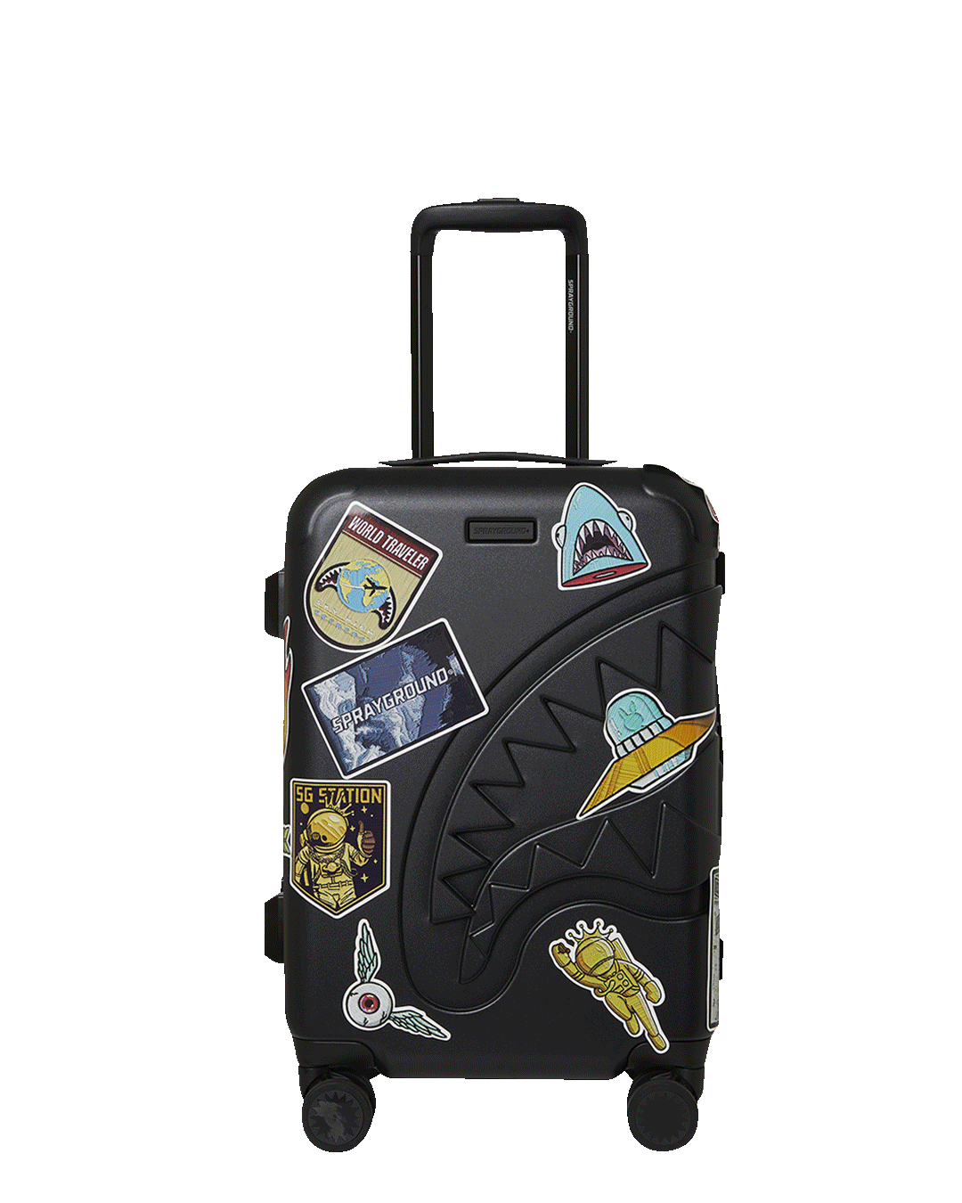 THE JOURNEY BEGINS SHARKITECTURE CARRY-ON LUGGAGE BLACK WITH EXTRA STICKERS
